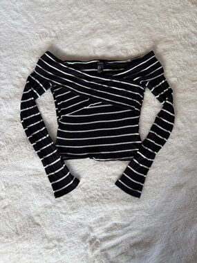 Forever 21 Black & White Striped Off-Shoulder Wrap Crop Top